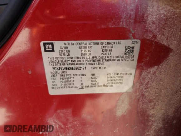2014 GMC Terrain SLE with VIN 2GKFLWEK6E6262171, listed as a Copart auction lot 49768135 with 126,373 mi miles and Clean Title. Bid and sale history available at DreamBid. Image 14.