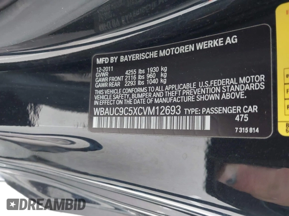 2012 BMW 1 Series 135i with VIN WBAUC9C5XCVM12693, listed as a IAAI auction lot 42341971 with 121,596 mi miles and . Bid and sale history available at DreamBid. Image 9.