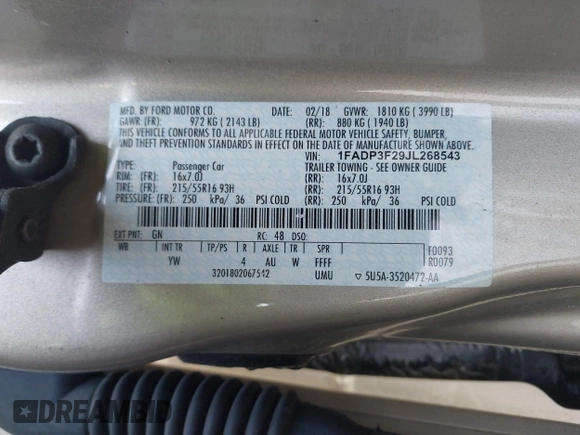 2018 Ford Focus SE with VIN 1FADP3F29JL268543, listed as a IAAI auction lot 41578293 with 73,344 mi miles. Bid and sale history available at carsss.com. Image 9.