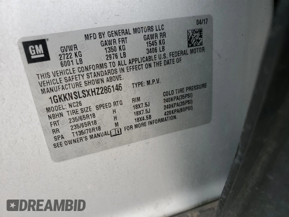 2017 GMC Acadia SLE z VIN 1GKKNSLSXHZ286146, wystawiony jako Copart lot #53025065 z przebiegiem 126 444 mil mil oraz Szkoda całkowita • Salvage title. Historia ofert i sprzedaży dostępna na DreamBid. Obrazek 14.