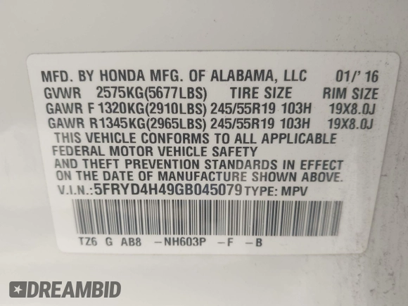 2016 Acura MDX w/Tech with VIN 5FRYD4H49GB045079, listed as a IAAI auction lot 41968901 with 113,577 mi miles. Bid and sale history available at carsss.com. Image 9.