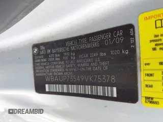 2009 BMW 1 Series 128i with VIN WBAUP73549VK75378, listed as a IAAI auction lot 41872843 with 77,985 mi miles and . Bid and sale history available at carsss.com. Image 9.