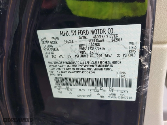 2008 Ford Escape Hybrid with VIN 1FMCU59H28KB66264, listed as a IAAI auction lot 41656399 with 259,238 mi miles. Bid and sale history available at carsss.com. Image 9.