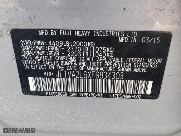2015 Subaru WRX STI with VIN JF1VA2L6XF9834303, listed as a Copart auction lot 82455683 with 0 mi miles. Bid and sale history available at carsss.com. Image 12.