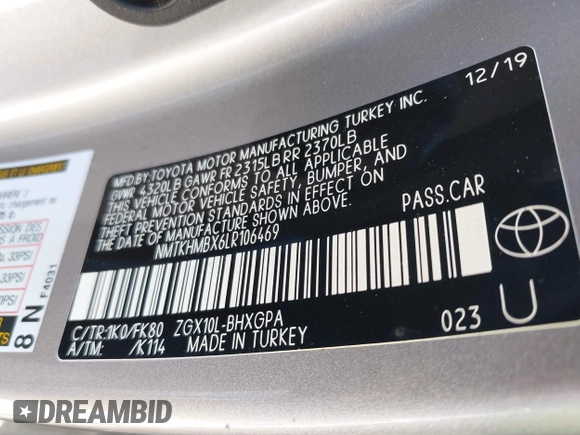 2020 Toyota C-HR LE z VIN NMTKHMBX6LR106469, wystawiony jako IAAI lot #41972012 z przebiegiem 51 316 mil mil oraz . Historia ofert i sprzedaży dostępna na DreamBid. Obrazek 9.