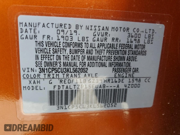 2019 Nissan Kicks SR with VIN 3N1CP5CU3KL562052, listed as a Copart auction lot 53169145 with 66,770 mi miles and Salvage Title. Bid and sale history available at carsss.com. Image 15.