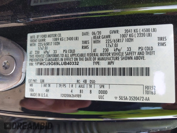 2020 Ford Escape SE z VIN 1FMCU9G69LUB40332, wystawiony jako IAAI lot #42006879 z przebiegiem 82 291 mil mil oraz . Historia ofert i sprzedaży dostępna na DreamBid. Obrazek 9.