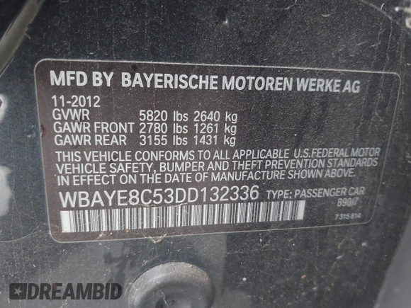 2013 BMW 7 Series 750Li с VIN WBAYE8C53DD132336, выставлен на аукционе IAAI как лот 42812991 с пробегом 174 099 миль миль и . История ставок и продаж доступна на DreamBid. Изображение 9.