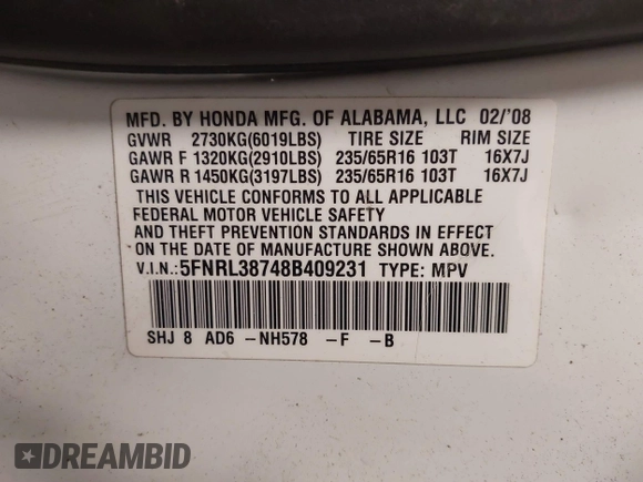 2008 Honda Odyssey EX-L with VIN 5FNRL38748B409231, listed as a IAAI auction lot 41820021 with 193,840 mi miles. Bid and sale history available at carsss.com. Image 9.