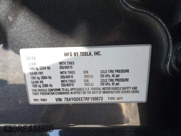 2024 Tesla Model Y Long Range with VIN 7SAYGDEE7RF199673, listed as a IAAI auction lot 41263305 with 3,137 mi miles and . Bid and sale history available at DreamBid. Image 9.