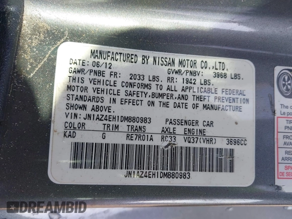 2013 Nissan 370Z with VIN JN1AZ4EH1DM880983, listed as a IAAI auction lot 41937876 with 130,613 mi miles. Bid and sale history available at carsss.com. Image 9.