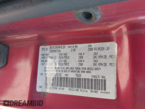 1999 Dodge Dakota SLT z VIN 1B7GL22X2XS222162, wystawiony jako IAAI lot #42038943 z przebiegiem 222 883 mil mil oraz . Historia ofert i sprzedaży dostępna na DreamBid. Obrazek 9.