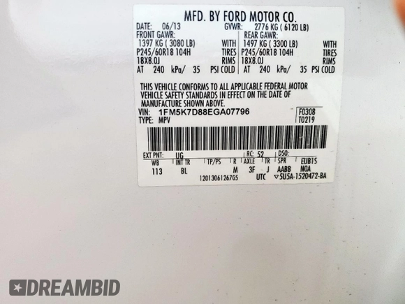 2014 Ford Explorer XLT с VIN 1FM5K7D88EGA07796, выставлен на аукционе Copart как лот 64029665 с пробегом 167 897 миль миль и Списание • Salvage title. История ставок и продаж доступна на DreamBid. Изображение 13.