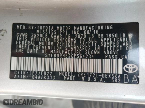 2016 Toyota Corolla L with VIN 5YFBURHE2GP564234, listed as a Copart auction lot 45670475 with 67,338 mi miles and Salvage Title. Bid and sale history available at DreamBid. Image 12.