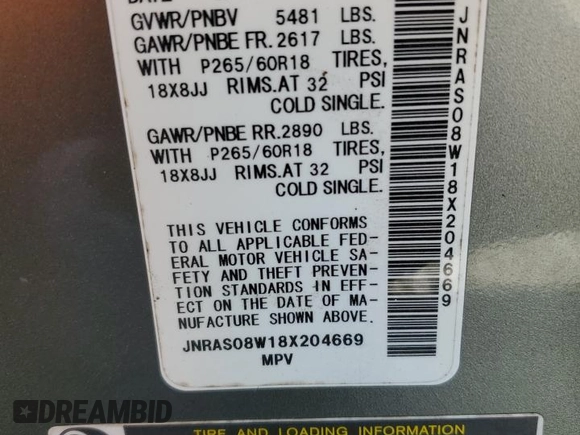 2008 Infiniti FX with VIN JNRAS08W18X204669, listed as a Copart auction lot 50875125 with 179,900 mi miles and Salvage title. Bid and sale history available at DreamBid. Image 13.