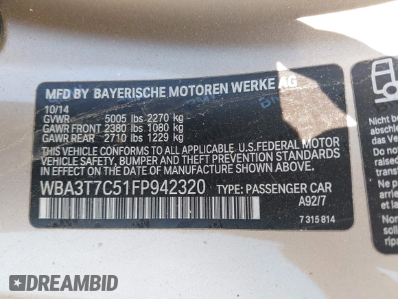 2015 BMW 4 Series 435i xDrive with VIN WBA3T7C51FP942320, listed as a IAAI auction lot 42584318 with 81,814 mi miles and . Bid and sale history available at DreamBid. Image 9.