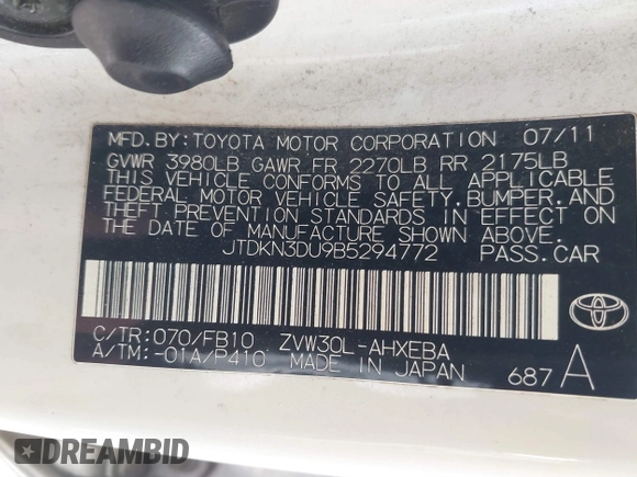 2011 Toyota Prius I z VIN JTDKN3DU9B5294772, wystawiony jako IAAI lot #41837709 z przebiegiem 166 436 mil mil oraz . Historia ofert i sprzedaży dostępna na DreamBid. Obrazek 9.