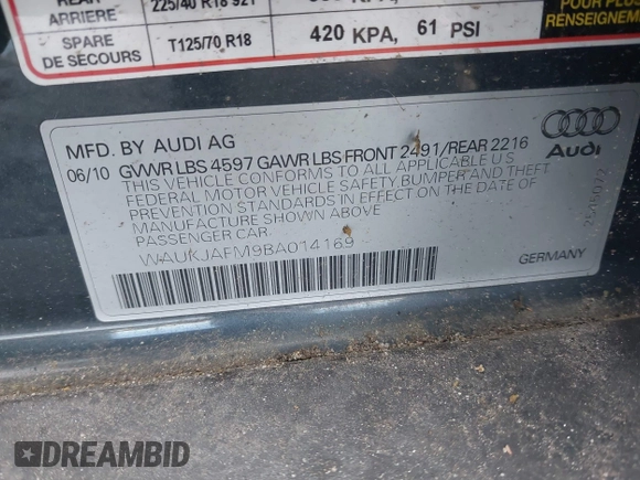 2011 Audi A3 2.0 TDI Premium Plus with VIN WAUKJAFM9BA014169, listed as a IAAI auction lot 40978729 with 81,014 mi miles. Bid and sale history available at carsss.com. Image 9.