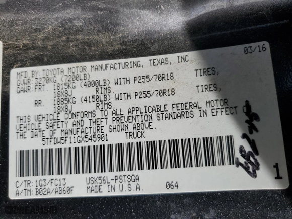 2016 Toyota Tundra 4WD Truck SR5 with VIN 5TFDW5F11GX545901, listed as a Copart auction lot 42642695 with NaN miles and Salvage Title. Bid and sale history available at carsss.com. Image 13.