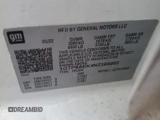 2022 GMC Sierra 1500 with VIN 1GTP8AEK4NZ168802, listed as a Copart auction lot 87547665 with Not Provided miles and Salvage Title. Bid and sale history available at DreamBid. Image 12.