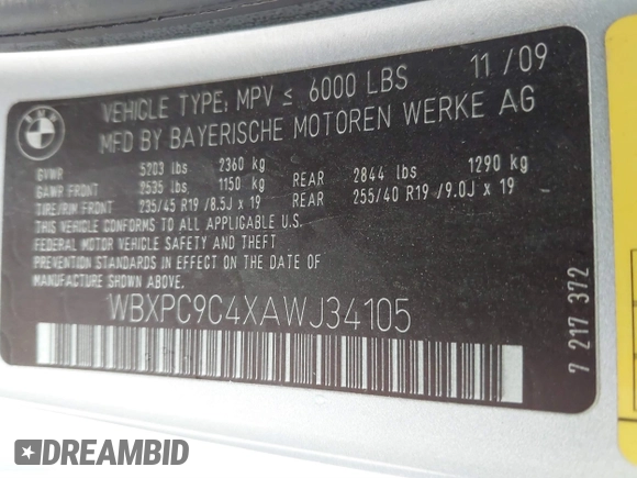 2010 BMW X3 xDrive30i with VIN WBXPC9C4XAWJ34105, listed as a IAAI auction lot 41709763 with 189,500 mi miles and . Bid and sale history available at DreamBid. Image 9.