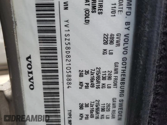 2002 Volvo V70 with VIN YV1SZ58D821058884, listed as a Copart auction lot 49517425 with 240,644 mi miles and Salvage title. Bid and sale history available at DreamBid. Image 12.