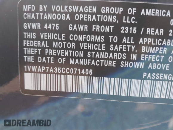 2012 Volkswagen Passat S w/Appearance with VIN 1VWAP7A35CC071406, listed as a IAAI auction lot 41912227 with 235,820 mi miles. Bid and sale history available at carsss.com. Image 9.