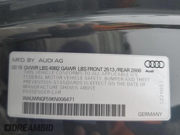 2019 Audi A5 Cabriolet Premium z VIN WAUWNGF59KN006471, wystawiony jako Copart lot #43563665 z przebiegiem 19 627 mil mil oraz Szkoda całkowita • Salvage title. Historia ofert i sprzedaży dostępna na DreamBid. Obrazek 14.