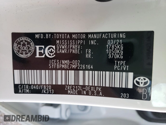 2021 Toyota Corolla L with VIN 5YFBPMBE7MP226164, listed as a Copart auction lot 69405254 with 43,474 mi miles and Clean Title. Bid and sale history available at carsss.com. Image 12.