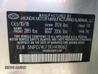 2019 Hyundai Elantra SE with VIN 5NPD74LF3KH418062, listed as a Copart auction lot 41424835 with 76,288 mi miles and Salvage Title. Bid and sale history available at DreamBid. Image 12.