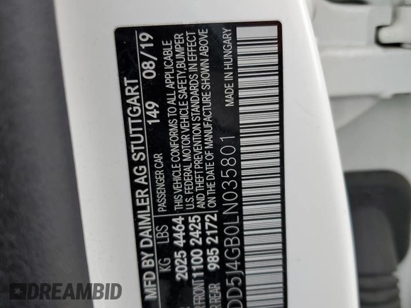 2020 Mercedes-Benz CLA 250 with VIN WDD5J4GB0LN035801, listed as a Copart auction lot 44207555 with 78,857 mi miles and Salvage Title. Bid and sale history available at DreamBid. Image 12.