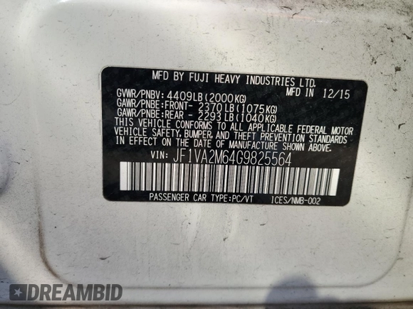 2016 Subaru WRX STI with VIN JF1VA2M64G9825564, listed as a Copart auction lot 84502004 with 57,369 mi miles and Salvage title. Bid and sale history available at DreamBid. Image 14.