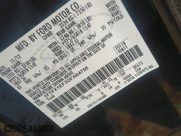 2013 Ford F-150 XL with VIN 1FTFX1EF3DFA64755, listed as a IAAI auction lot 41931355 with 1 mi miles. Bid and sale history available at carsss.com. Image 9.
