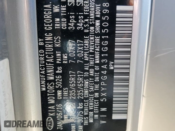 2016 Kia Sorento LX with VIN 5XYPG4A31GG150598, listed as a Copart auction lot 46546555 with 143,574 mi miles and Salvage Title. Bid and sale history available at DreamBid. Image 14.