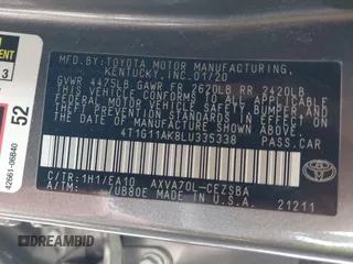 2020 Toyota Camry SE z VIN 4T1G11AK8LU335338, wystawiony jako IAAI lot #41908752 z przebiegiem 75 825 mil mil oraz . Historia ofert i sprzedaży dostępna na DreamBid. Obrazek 9.