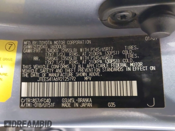 2009 Toyota Highlander z VIN JTEES41A692125192, wystawiony jako IAAI lot #42407380 z przebiegiem 362 168 mil mil oraz . Historia ofert i sprzedaży dostępna na DreamBid. Obrazek 9.