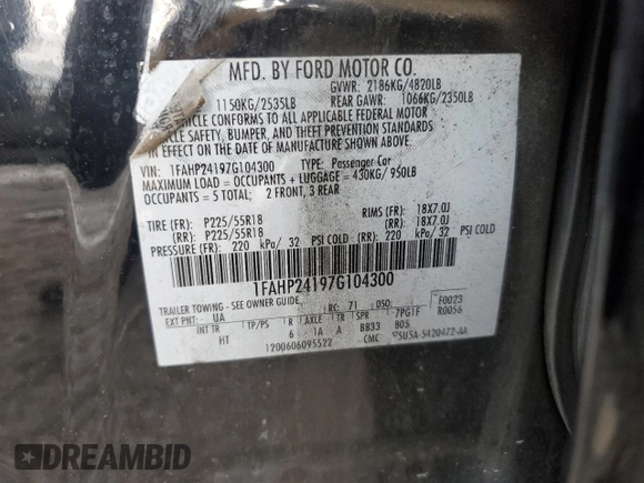2007 Ford Five Hundred SEL with VIN 1FAHP24197G104300, listed as a Copart auction lot 81004154 with 0 mi miles and Salvage Title. Bid and sale history available at carsss.com. Image 12.