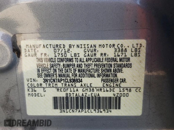 2012 Nissan Versa SV with VIN 3N1CN7AP1CL936934, listed as a Copart auction lot 52443795 with 51,793 mi miles and Salvage title. Bid and sale history available at DreamBid. Image 12.