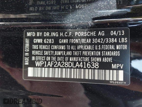 2013 Porsche Cayenne Diesel with VIN WP1AF2A28DLA41638, listed as a IAAI auction lot 42209869 with 135,680 mi miles and . Bid and sale history available at DreamBid. Image 9.