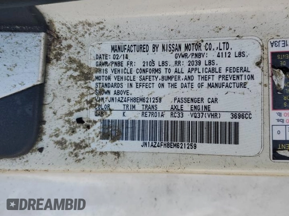 2014 Nissan 370Z Touring with VIN JN1AZ4FH8EM621259, listed as a Copart auction lot 77571454 with Not Provided miles and Salvage Title. Bid and sale history available at DreamBid. Image 13.