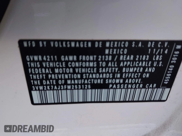 2015 Volkswagen Jetta Sedan 2.0L S with VIN 3VW2K7AJ3FM253125, listed as a IAAI auction lot 41535632 with 103,953 mi miles. Bid and sale history available at carsss.com. Image 9.