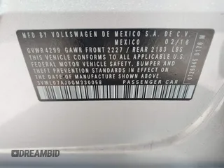 2016 Volkswagen Jetta Sedan 1.8T SEL with VIN 3VWL07AJ0GM330058, listed as a IAAI auction lot 41832211 with 1 mi miles. Bid and sale history available at carsss.com. Image 9.