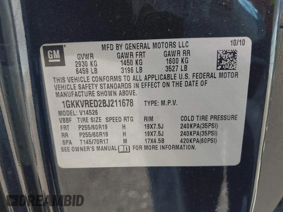 2011 GMC Acadia SLT1 with VIN 1GKKVRED2BJ211678, listed as a IAAI auction lot 41772208 with 147,485 mi miles and . Bid and sale history available at DreamBid. Image 9.