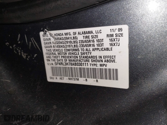 2010 Honda Odyssey EX-L with VIN 5FNRL3H78AB030111, listed as a IAAI auction lot 41250121 with 333,030 mi miles and . Bid and sale history available at DreamBid. Image 9.
