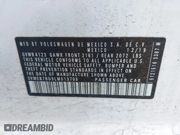 2020 Volkswagen Jetta SEL with VIN 3VWEB7BU9LM013708, listed as a IAAI auction lot 42310338 with 43,259 mi miles and . Bid and sale history available at DreamBid. Image 9.