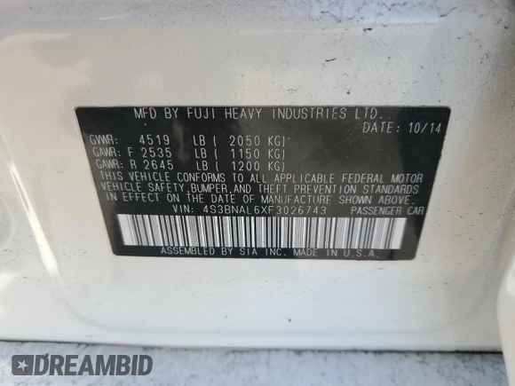 2015 Subaru Legacy Limited with VIN 4S3BNAL6XF3026743, listed as a Copart auction lot 46511805 with 125,508 mi miles and Salvage title. Bid and sale history available at DreamBid. Image 12.