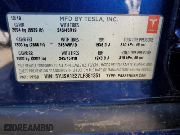 2020 Tesla Model S Long Range with VIN 5YJSA1E27LF361351, listed as a Copart auction lot 56239615 with 91,380 mi miles and Salvage title. Bid and sale history available at DreamBid. Image 13.