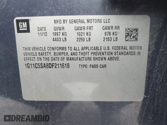 2013 Chevrolet Malibu LT with VIN 1G11C5SA8DF211618, listed as a IAAI auction lot 42165103 with 170,423 mi miles and . Bid and sale history available at DreamBid. Image 9.