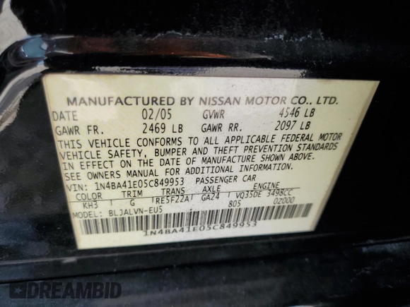 2005 Nissan Maxima 3.5 SL with VIN 1N4BA41E05C849953, listed as a Copart auction lot 73681854 with 129,402 mi miles and Salvage Title. Bid and sale history available at carsss.com. Image 12.