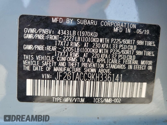 2019 Subaru Crosstrek Premium z VIN JF2GTACC9KH336141, wystawiony jako Copart lot #58402295 z przebiegiem 91 273 mil mil oraz Szkoda całkowita • Salvage title. Historia ofert i sprzedaży dostępna na DreamBid. Obrazek 14.